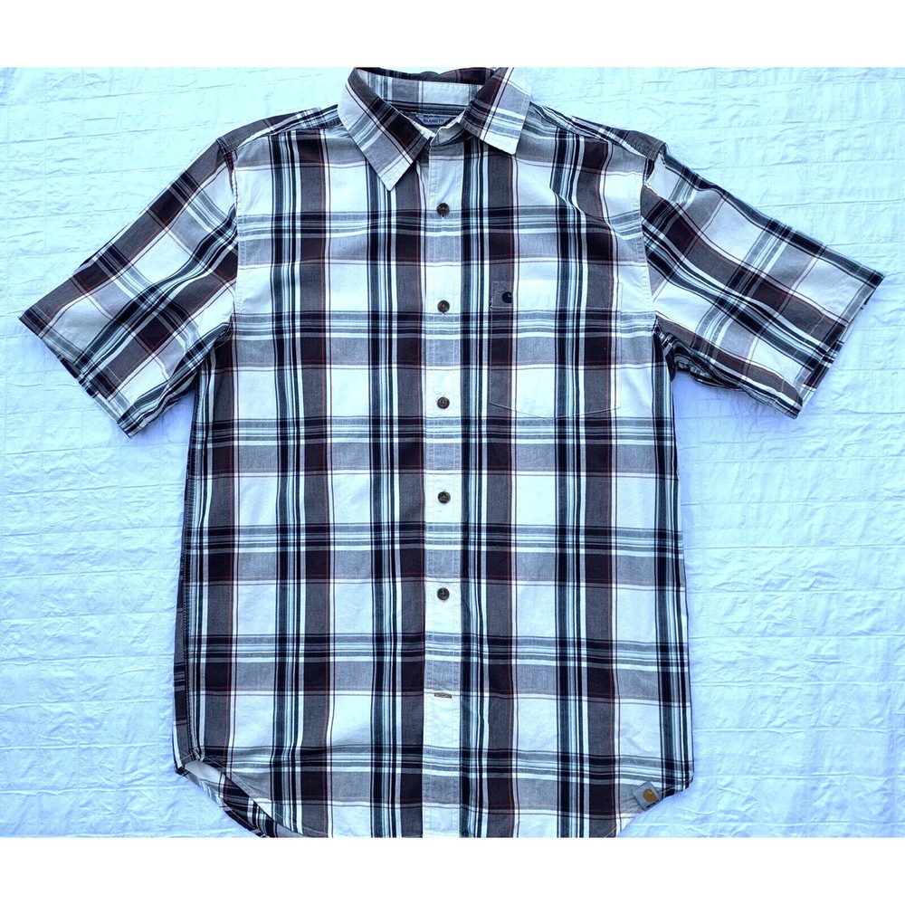 Carhartt Button Up Shirt Mens Medium Cream Brown Plaid Short Sleeve Relaxed Fit